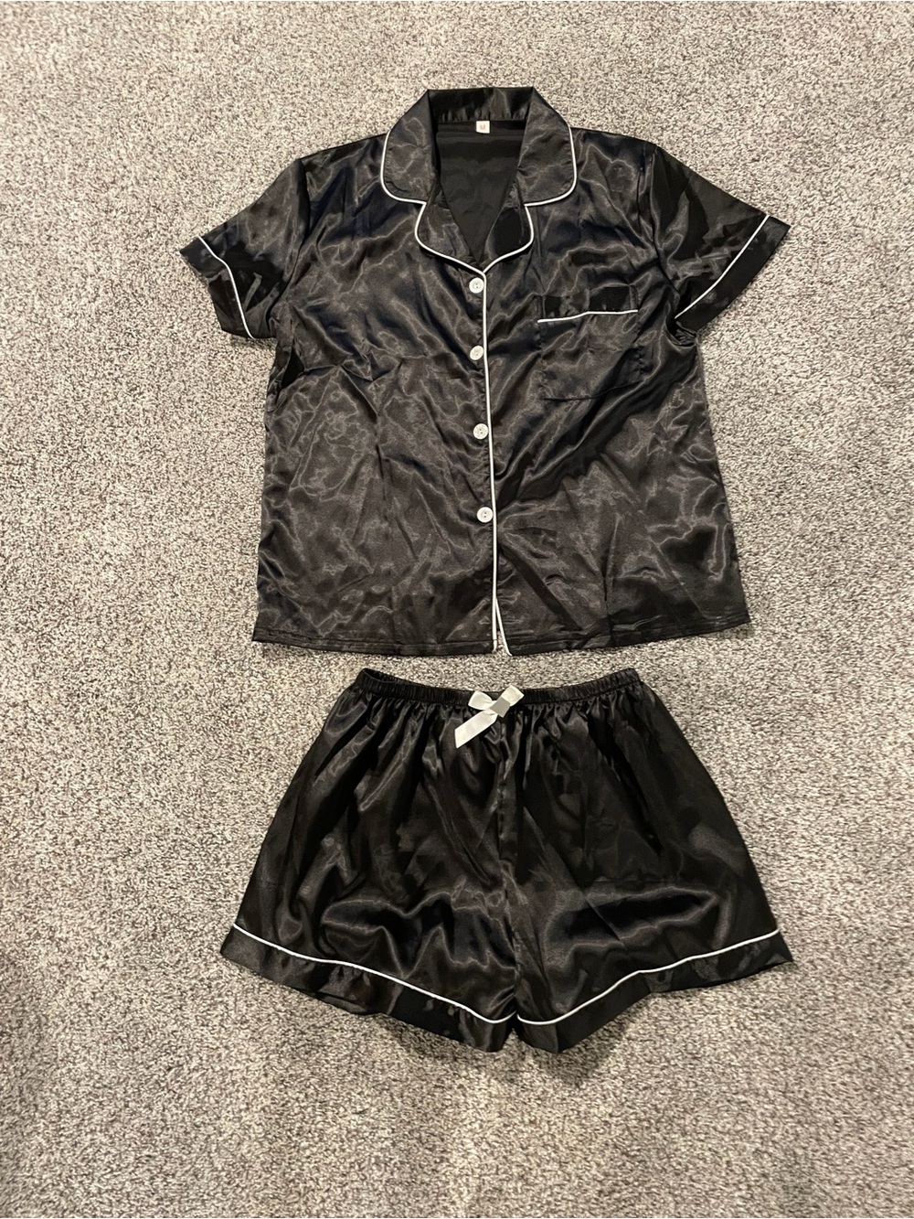 Black Satin Short Sleeve Pajama Set with White Piping